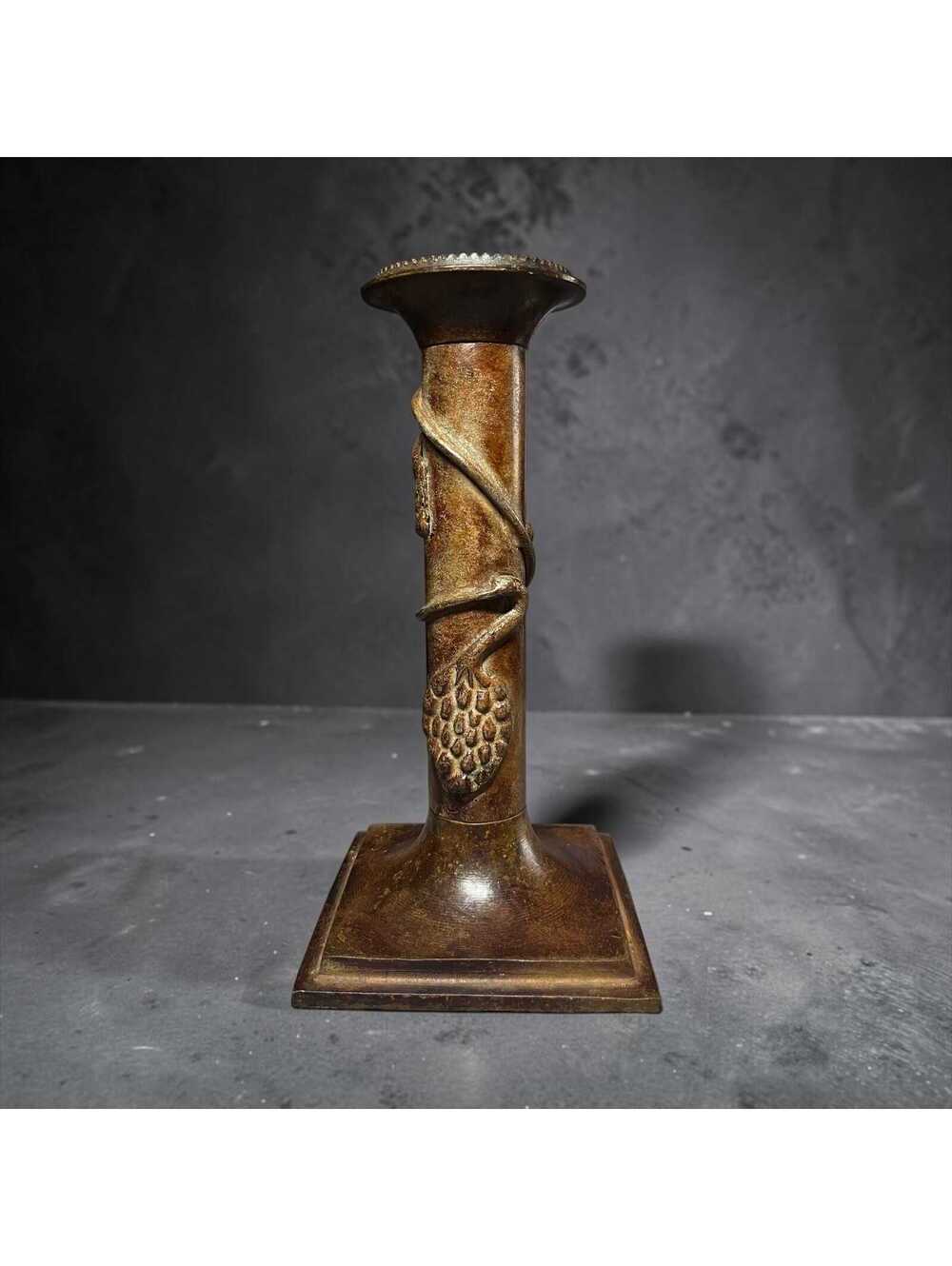 Vintage Aged Bronze Cast Metal Grapevine Candlestick Holder